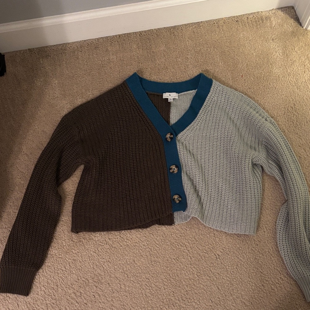 True Craft Brown and Gray Cardigan with Blue Trim